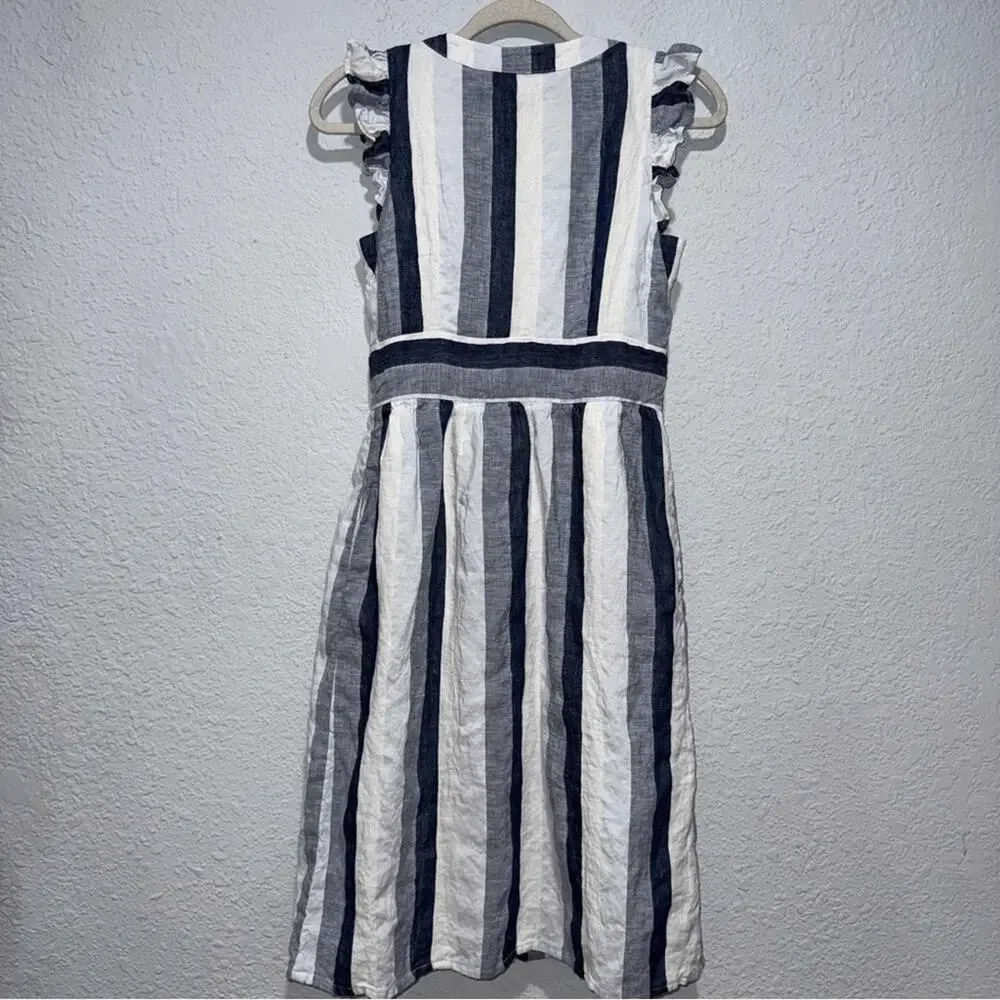 Point Sur Linen Midi Dress Striped Button Front Ruffle Shoulder Preowned Size 2
